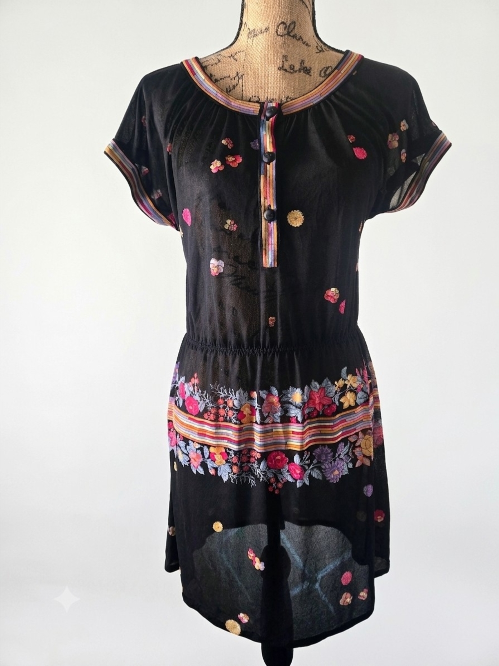 Black Floral Stripe Rainbow Sheer Mesh Short Sleeve Dress Small